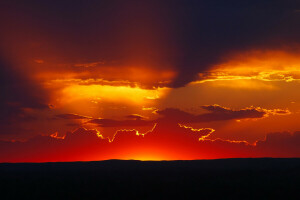 雲, 山, オレンジ色の空, 日没, 太陽