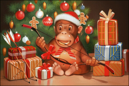 2016 년, 화살, 활, 크리스마스, 선물, 휴일, 원숭이, 기분