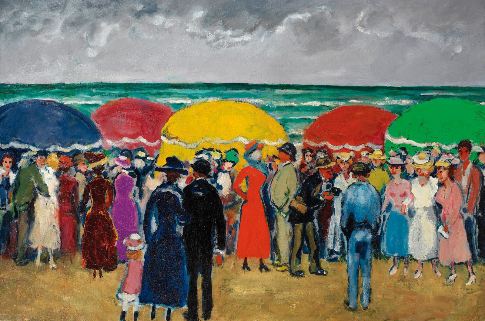 岸, 海, 图片, 人, 雨伞, 类型, 基斯·范·东恩（Kees van Dongen）, 星期天在海滩上
