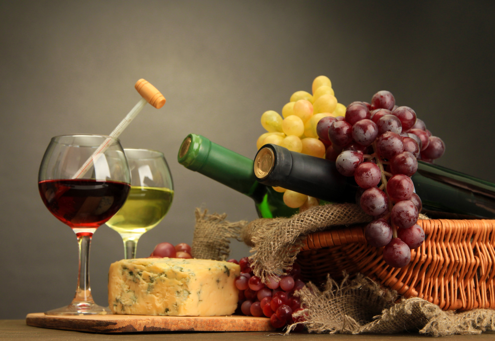 チーズ, ワイン, 眼鏡, ボトル, ブドウの房