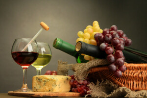 ボトル, ブドウの房, チーズ, 眼鏡, ワイン
