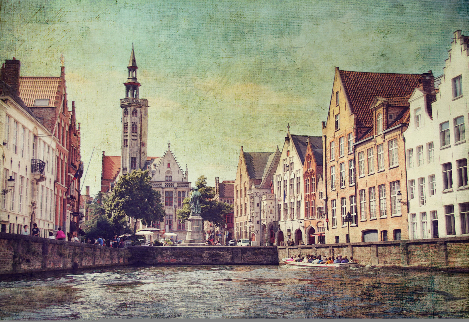 saluran, rumah, perahu, orang-orang, Belgium, Gereja, menara, Bruges