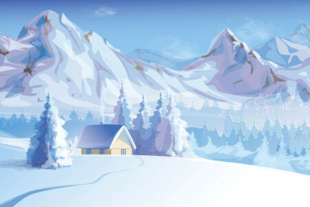 家, 風景, 山, 自然, 雪, 木, ベクター, 冬