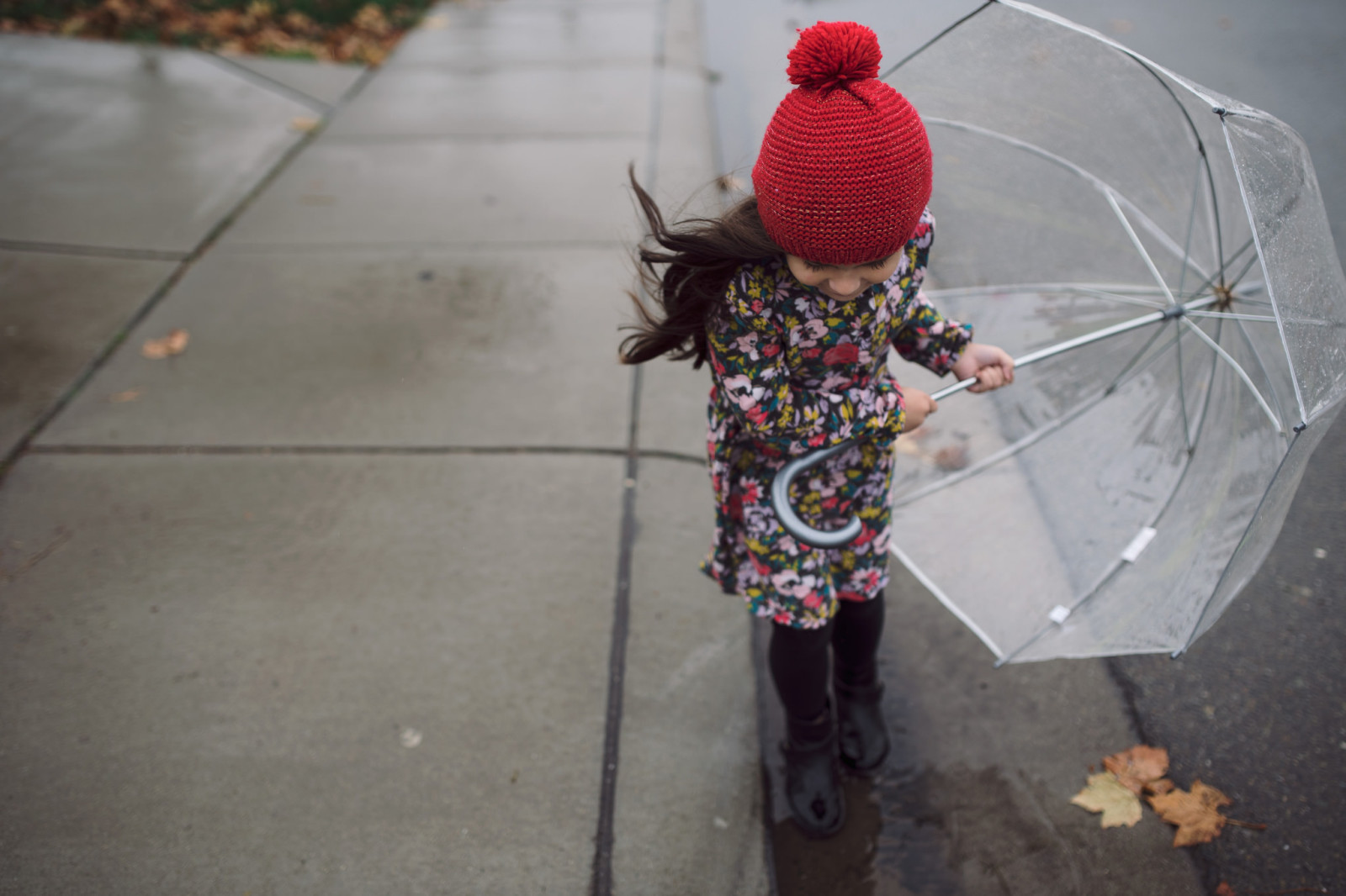가을, 거리, 소녀, 이파리, 아이, 우산, 바람