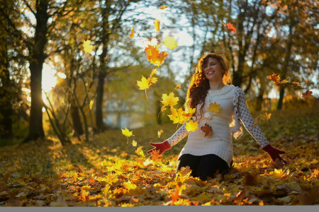 가을, 소녀, 웃음, 이파리, 미스 프로기