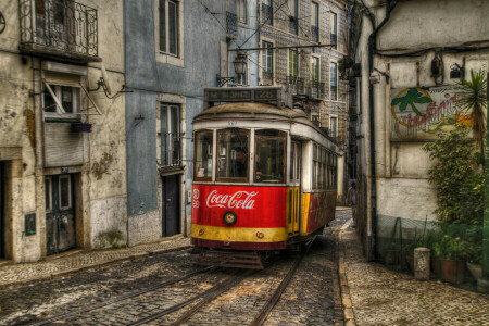 建物, 市, コカコーラ, リスボン, ポルトガル, 追跡, 路面電車
