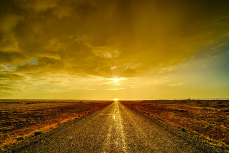 雲, 砂漠, 地平線, 道路, 日没, 空