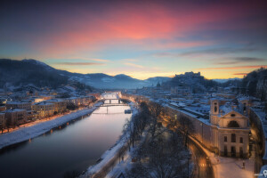 Austria, Jembatan, rumah, Januari, lampu, sungai, Salzburg, kota