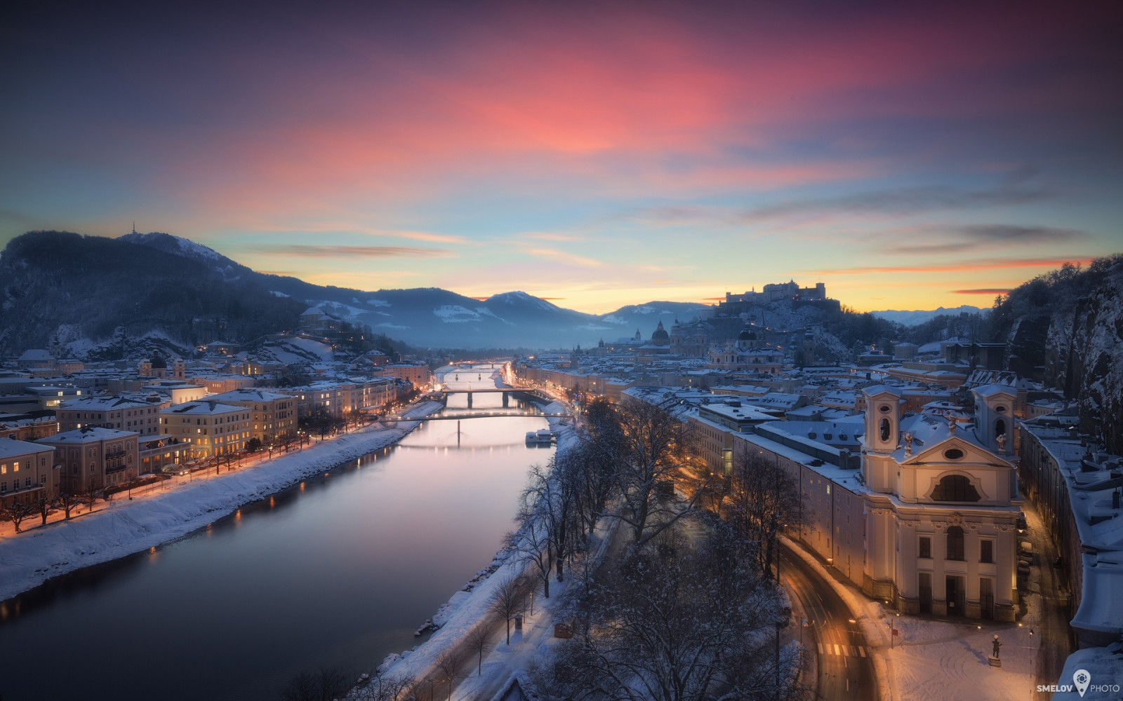kota, sungai, musim dingin, lampu, rumah, Jembatan, Austria, Salzburg