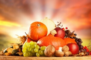 林檎, 乾燥した葉, フルーツ, ぶどう, きのこ, ナッツ, かぼちゃ, 野菜
