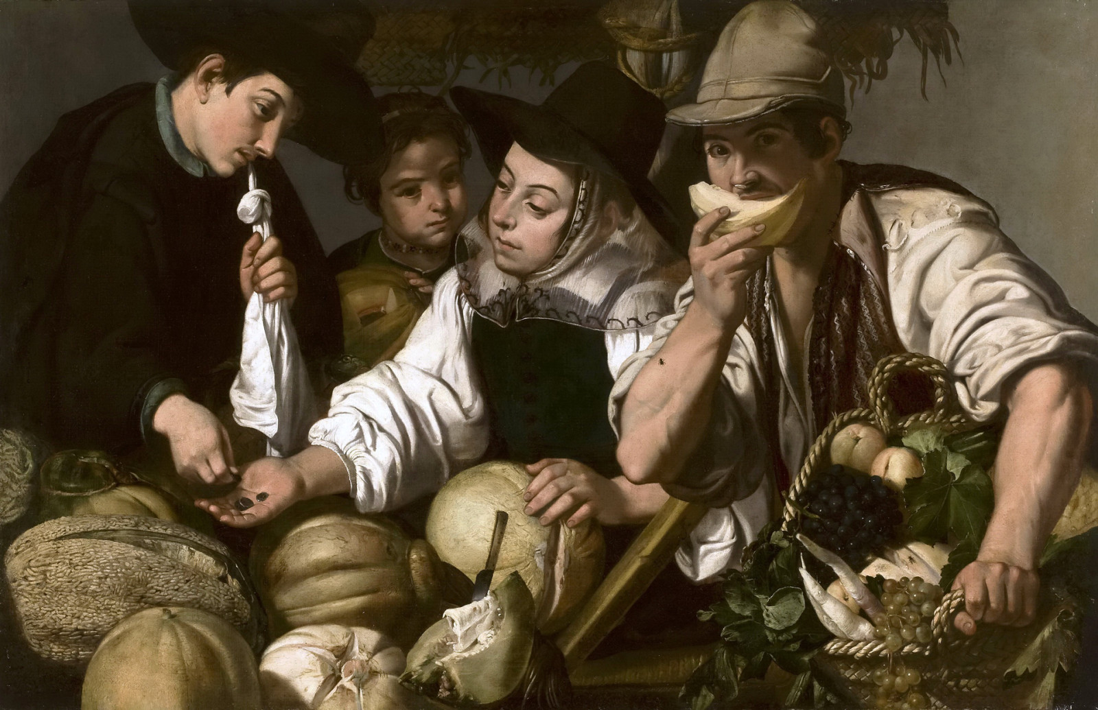 gambar, orang-orang, keranjang, anggur, melon, aliran, Penjual Buah, Jerónimo Jacinto de Espinosa