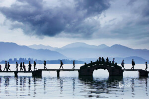 다리, 중국, 항저우, 호수, 사람들, 서쪽 호수