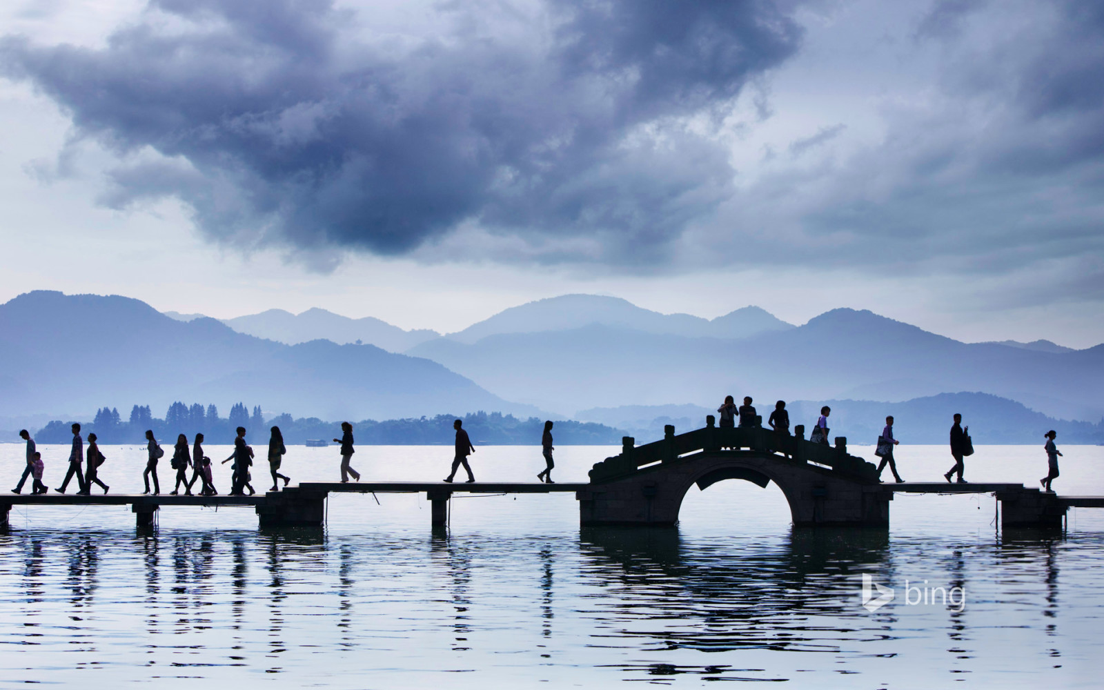 danau, Jembatan, orang-orang, Cina, Hangzhou, Danau Barat