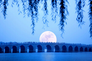 北京, 中国, 昆明湖, 月の出, 夏の宮殿