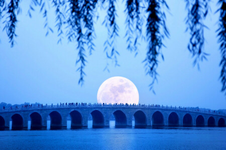 北京, 中国, 昆明湖, 月の出, 夏の宮殿