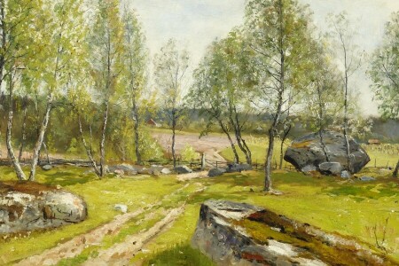 1900, フェンスでバーチの木, 庭の白B, 庭の白ir, オロフ・ヘルメリン, スウェーデンのアーティスト, スウェーデンの画家
