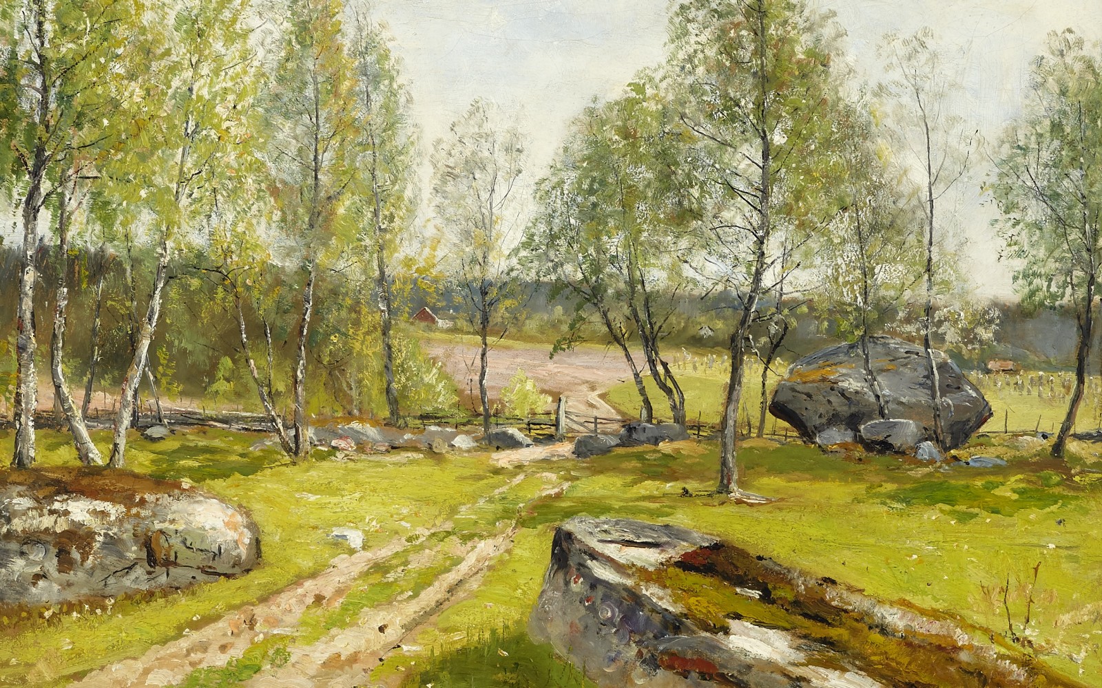 1900, 스웨덴 예술가, 스웨덴 화가, 올라프 헤르 멜린, 마당에 버 치 스, 울타리에 자작 나무, 마당에서 버 치 스