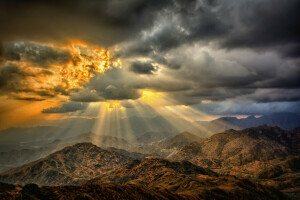 雲, 砂漠, 火, 山, 太陽