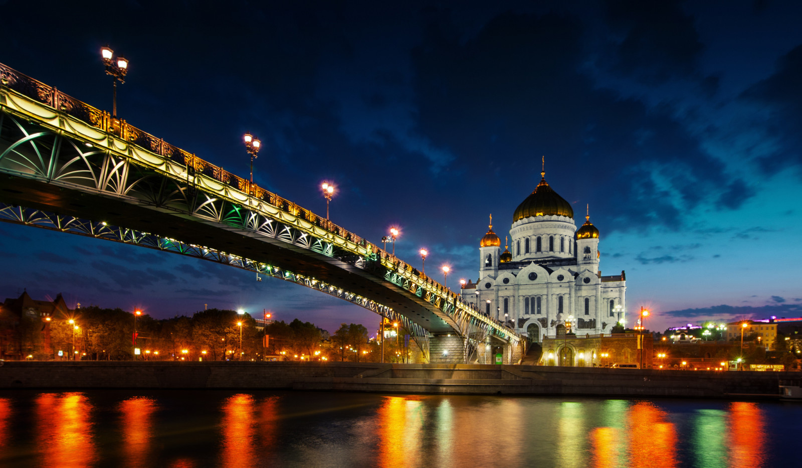 sungai, matahari terbenam, refleksi, lampu, Rusia, Moskow, Jembatan Patriarkhi