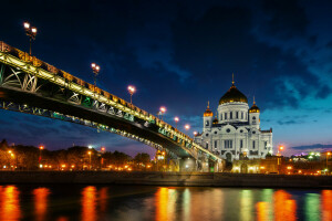 ライト, モスクワ, 反射, 川, ロシア, 日没, 家父長橋
