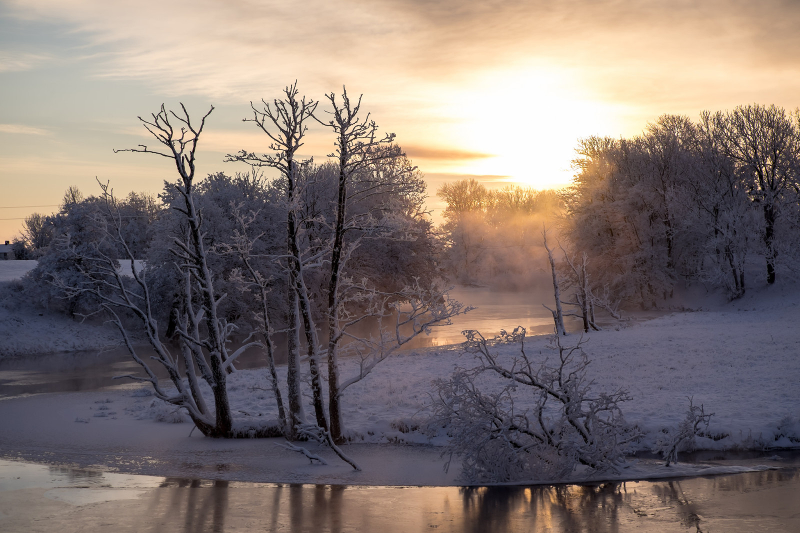 con sông, mùa đông, buổi sáng