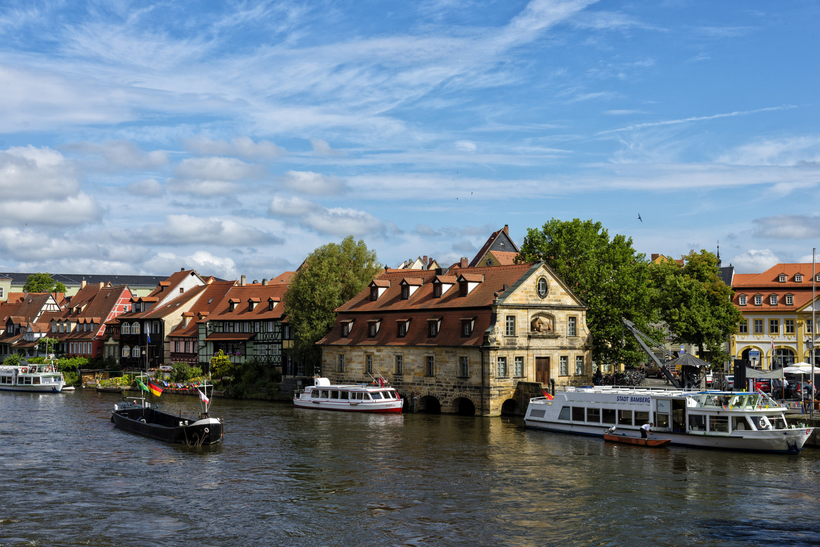 bầu trời, con sông, cây, những đám mây, Trang Chủ, nước Đức, tàu thuyền, Bamberg