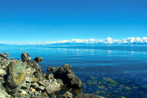 Baikal, awan, cakrawala, danau, Rusia, pantai, batu, langit