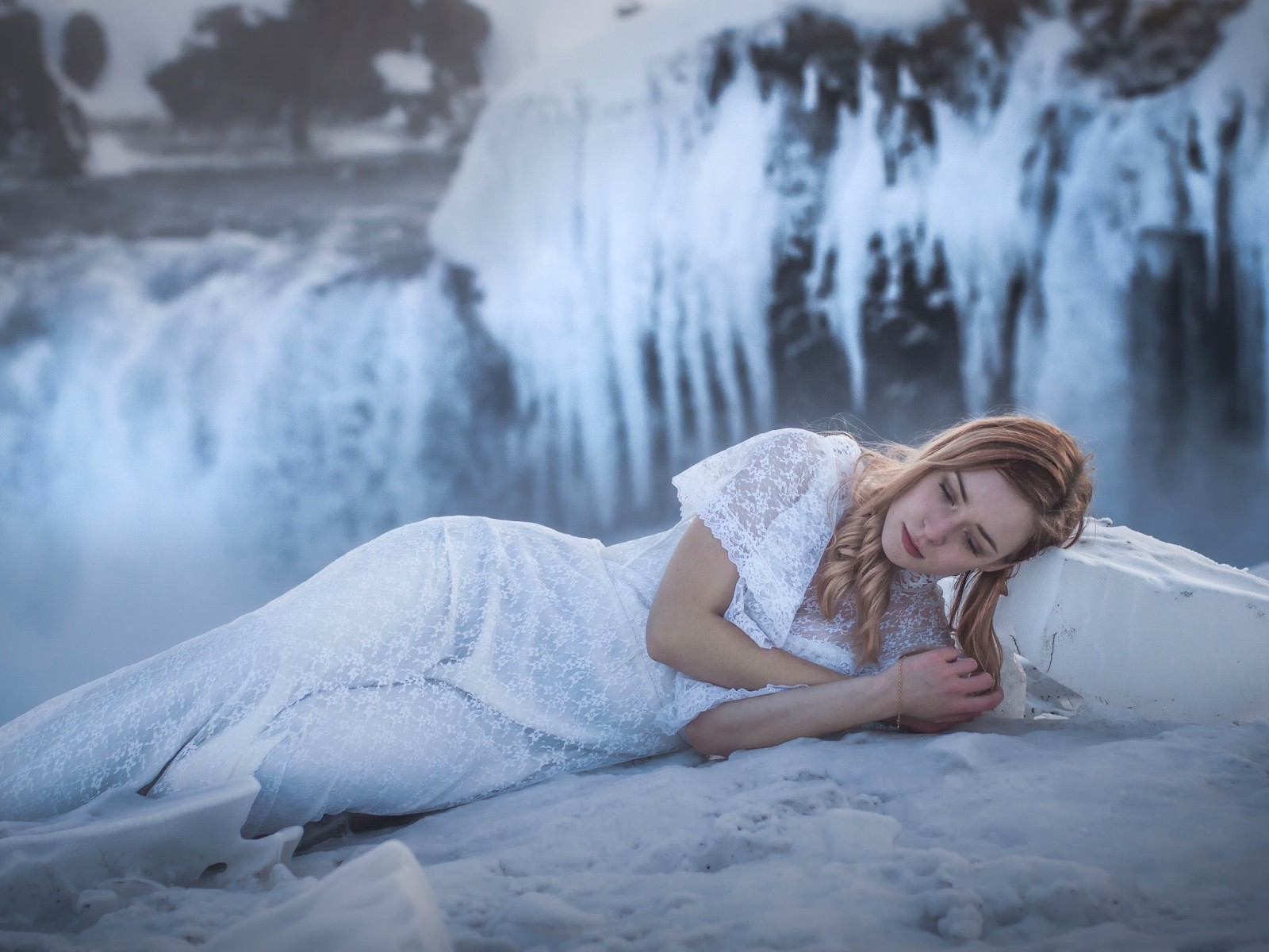 女孩, 冰, 冬季, 瀑布, 模型, 霜, 连衣裙, 冰岛