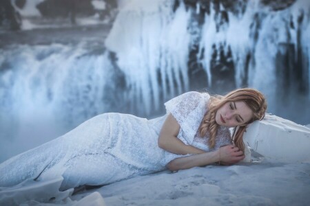 ドレス, 霜, 女の子, 氷, アイスランド, モデル, 滝, 冬