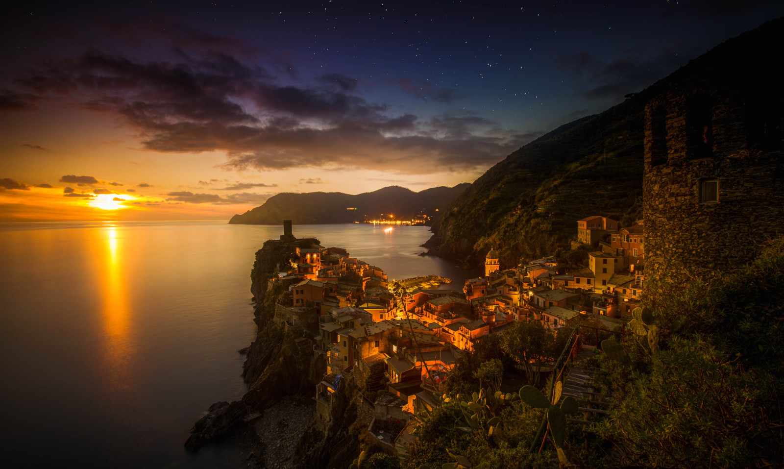 malam, matahari terbenam, laut, lampu, gunung, rumah, Italia, batu