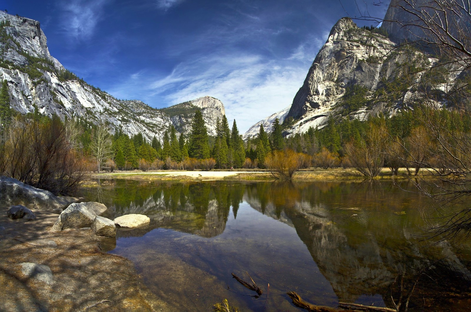 rừng, hồ, phản ánh, cây, núi, California, CA, Yosemite