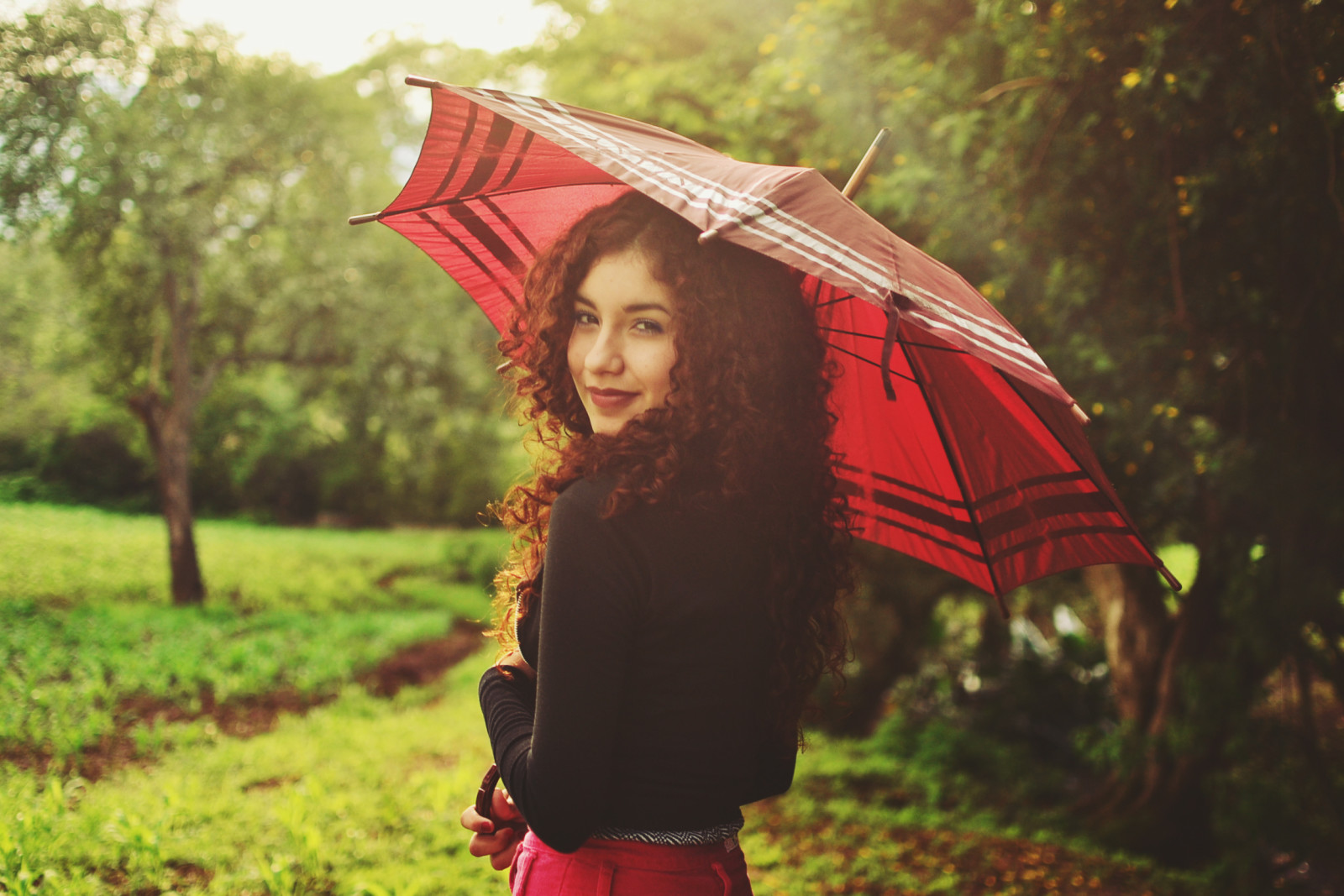 夏季, 女孩, 微笑, 卷发, 雨伞
