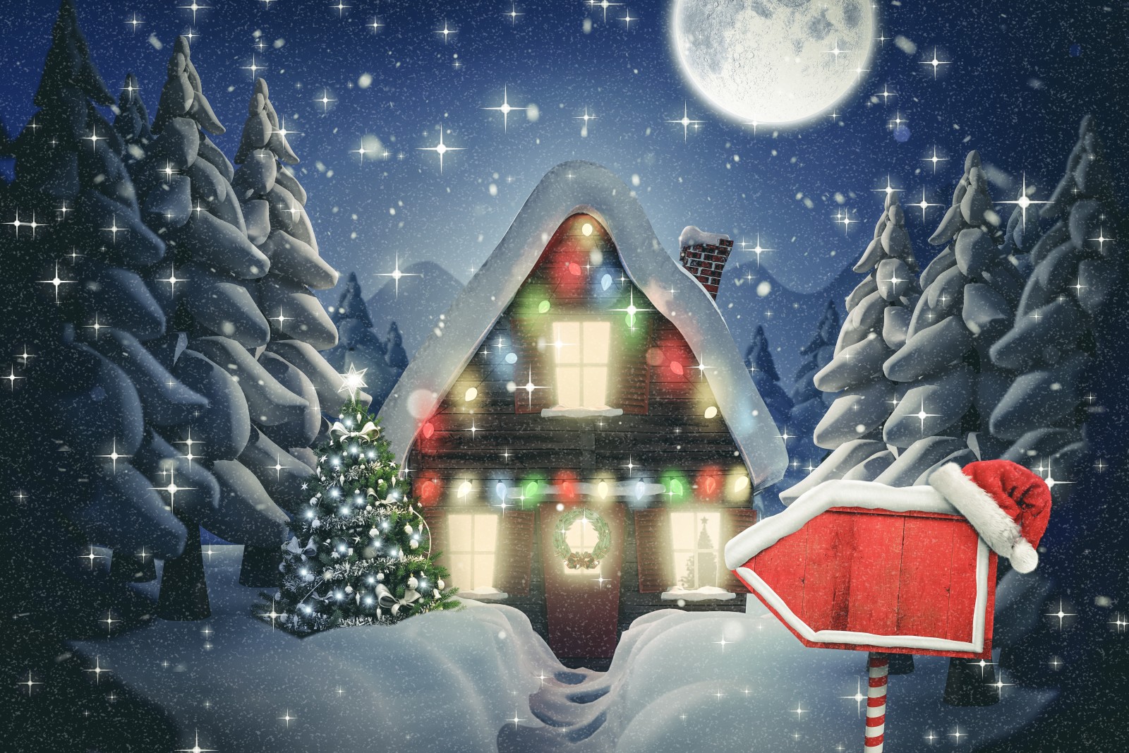 tuyết, Năm mới, Giáng sinh, Chúc mừng, mùa đông, đêm, Túp lều