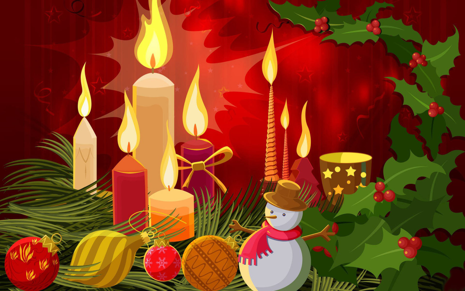 新年, 圣诞, 雪人, 球, 蜡烛, 向量, 明信片