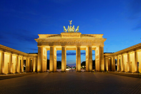 ベルリン, 資本, ゲート, ドイツ, ライト, 夜, 空