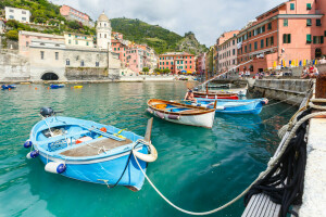 Teluk, perahu, Cinque Terre, rumah, Italia, gunung, Vernazza