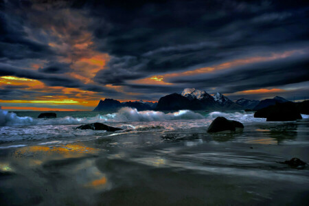 구름, 훤히 빛나다, 경치, 노르웨이, 바위, 바다, 육지, 돌
