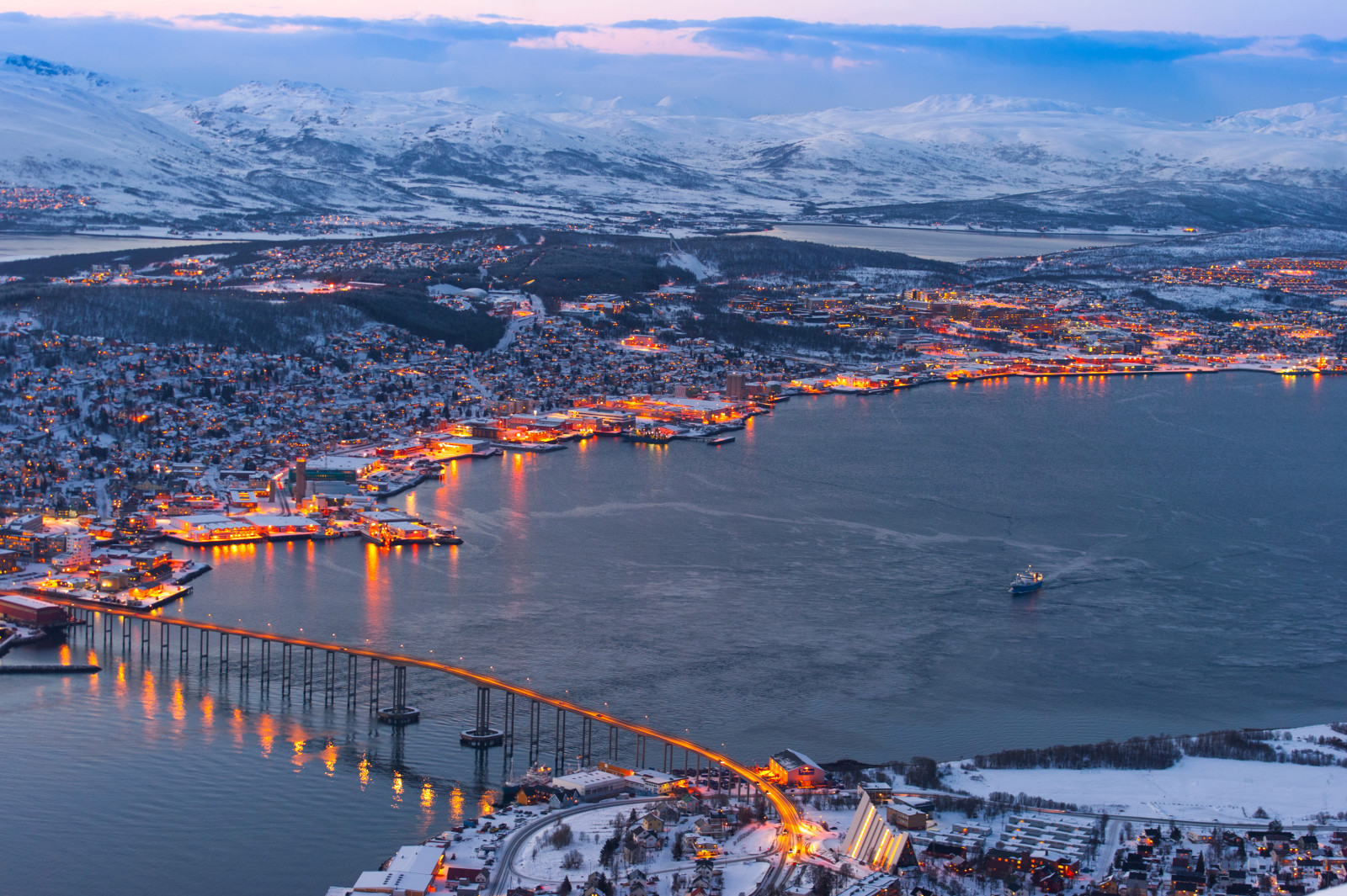 alam, kota, sungai, musim dingin, pemandangan, Norway, rumah, Jembatan