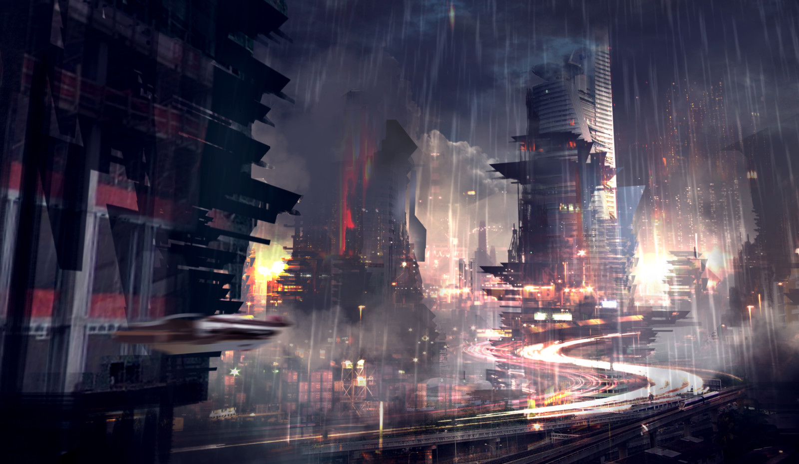 城市, 摩天大楼, 雨, 未来, 黑色, 大都市