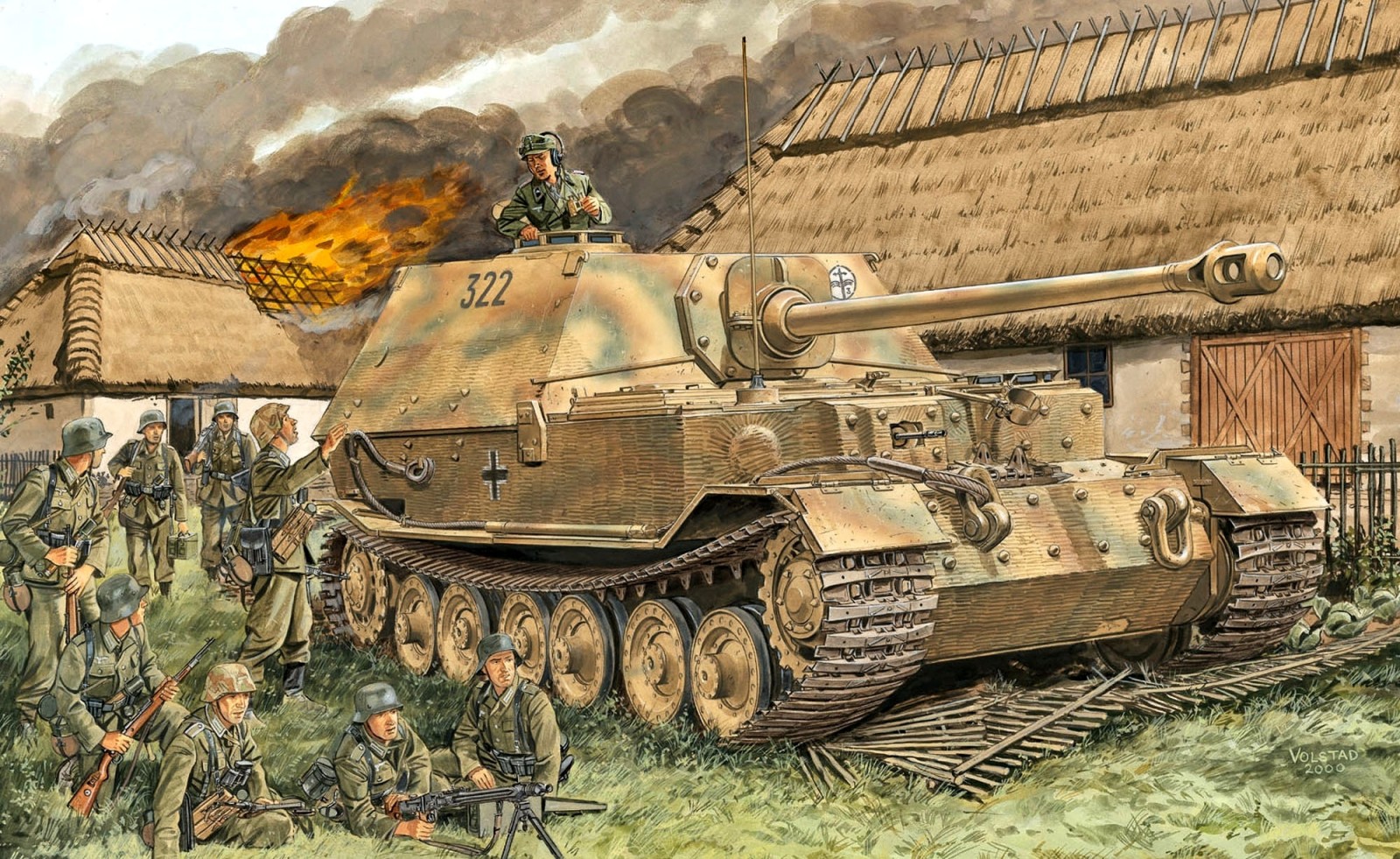 Wehrmacht, Tentara, pagar, MG-42, Elefant, Rumah terbakar