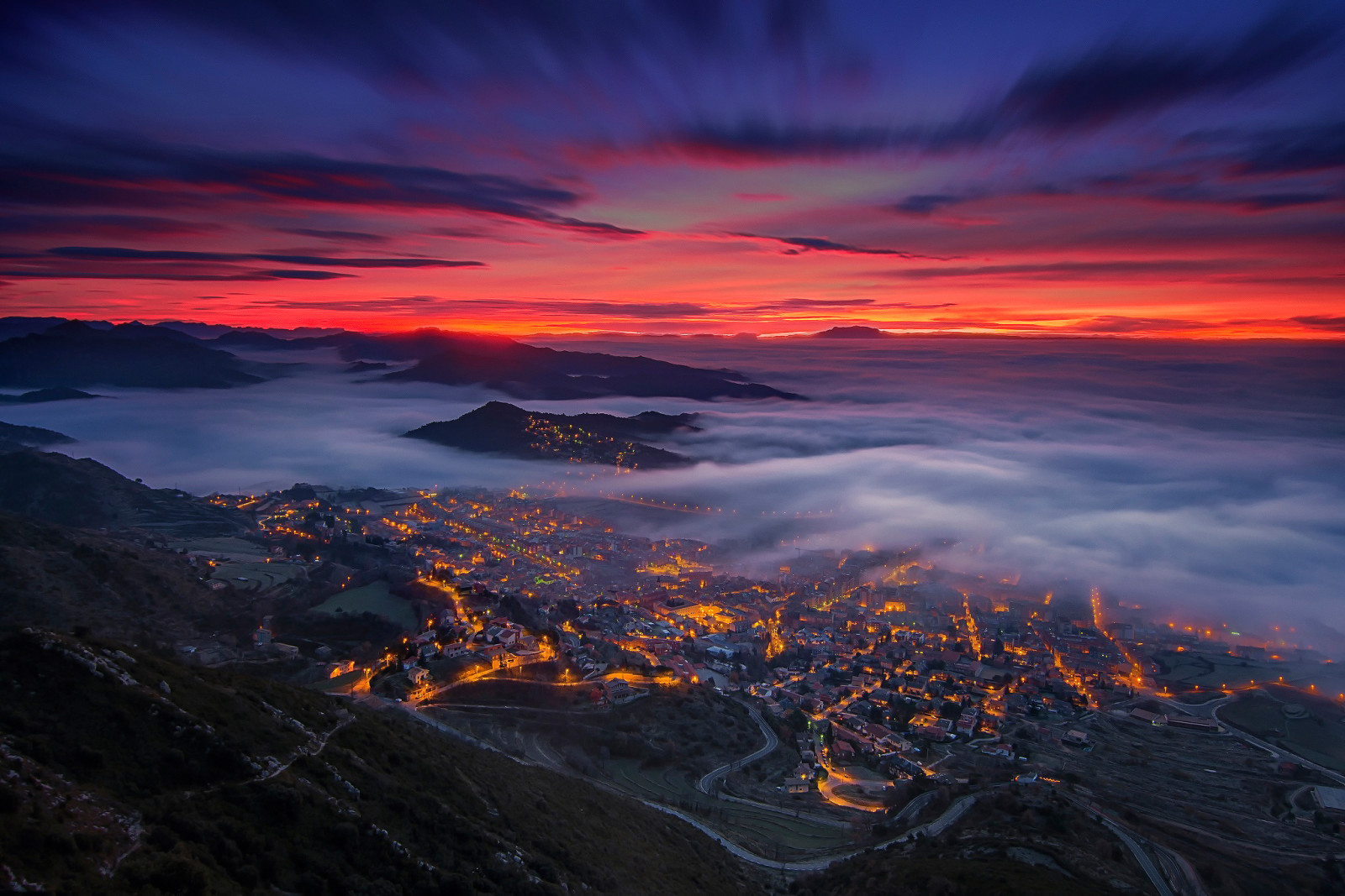 malam, awan, lembah, kabut, Catalonia, Spanyol, Berg