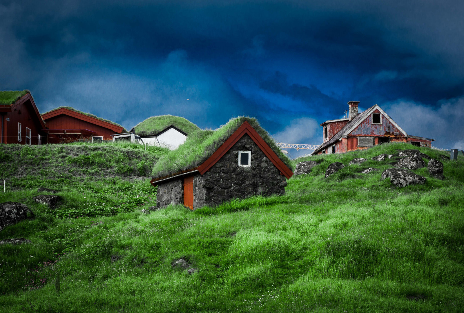 草, 空, 家, 石, 雲, スロープ, デンマーク, フェロー諸島