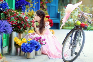 xe đạp, những bông hoa, con gái, đường phố