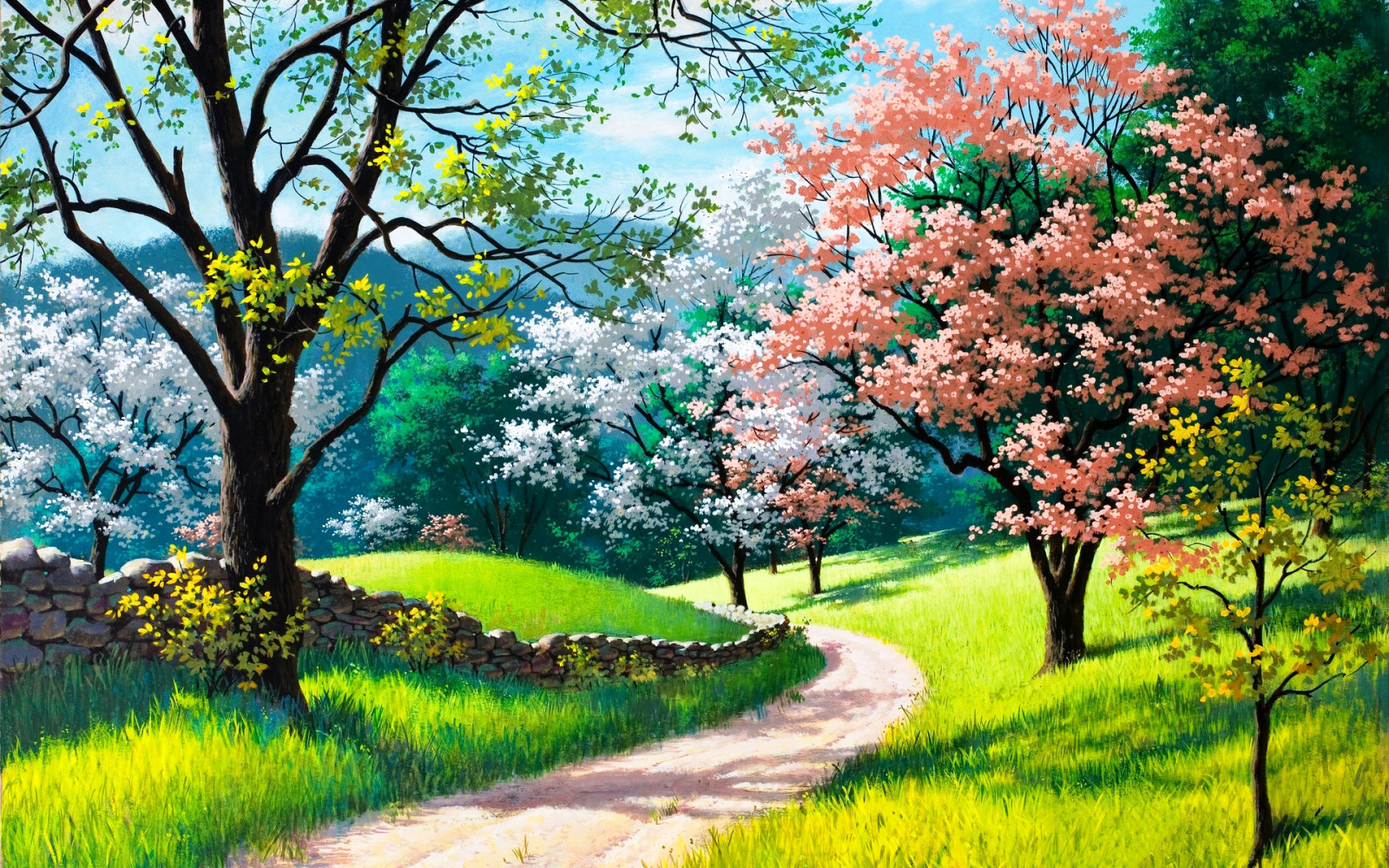 rumput, alam, pemandangan, jalan, pohon, musim semi, gambar, berbunga