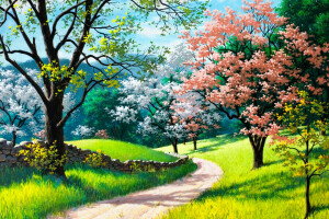 開花, 草, 風景, 自然, 画像, 道路, 春, 木