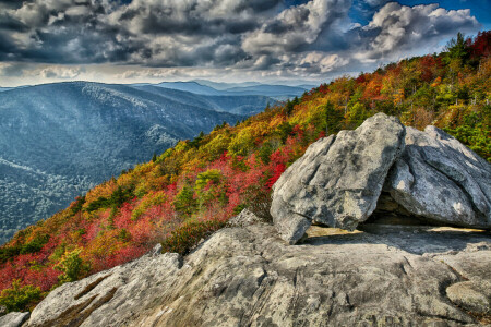 가을, 구름, 숲, 산, 바위, 경사, 돌, 하늘