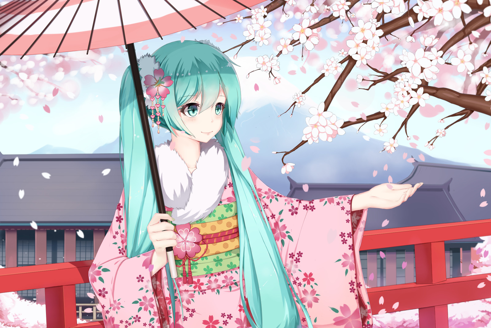 gadis, tersenyum, seni, kelopak, anime, payung, Sakura, kimono