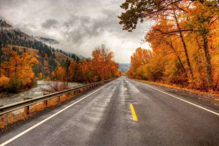 가을, 산, 산, 강, 도로, 나무