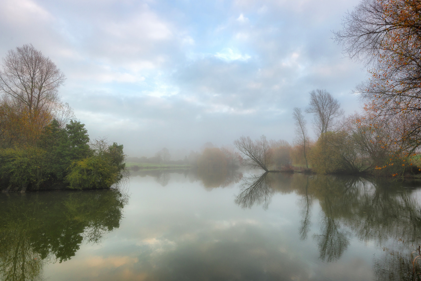 秋季, 湖, 早上, 池塘, 多雾路段, 平静, 安静