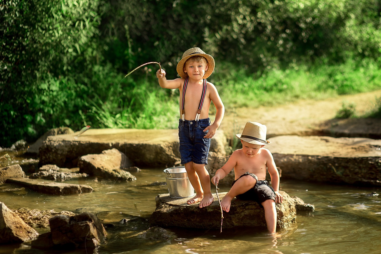 alam, musim panas, anak-anak, sungai, batu, teman, penangkapan ikan, Anak laki-laki